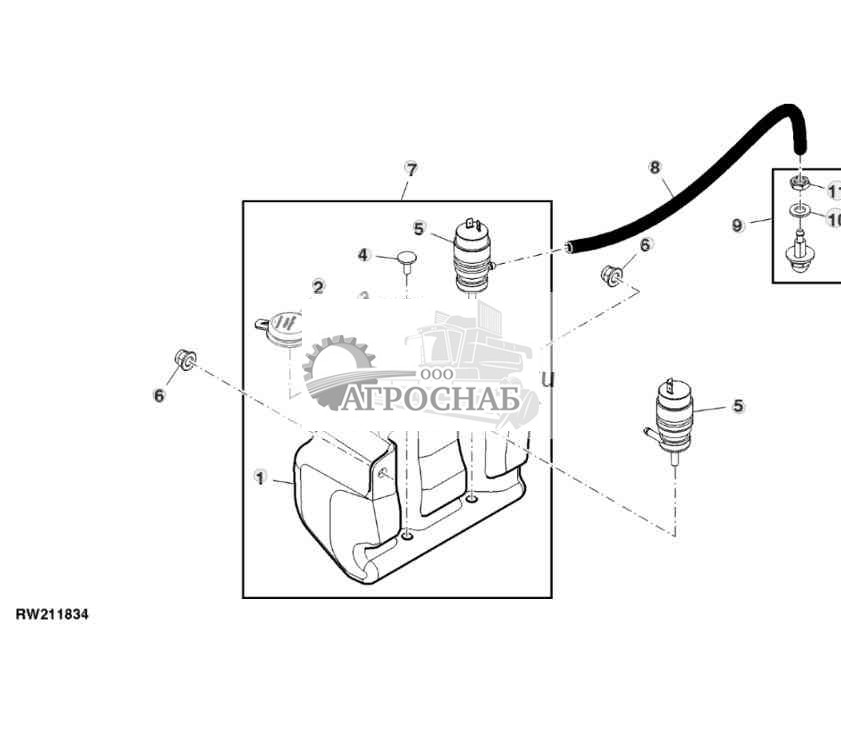 Система омывателя ветрового стекла с резервуаром и насосом 